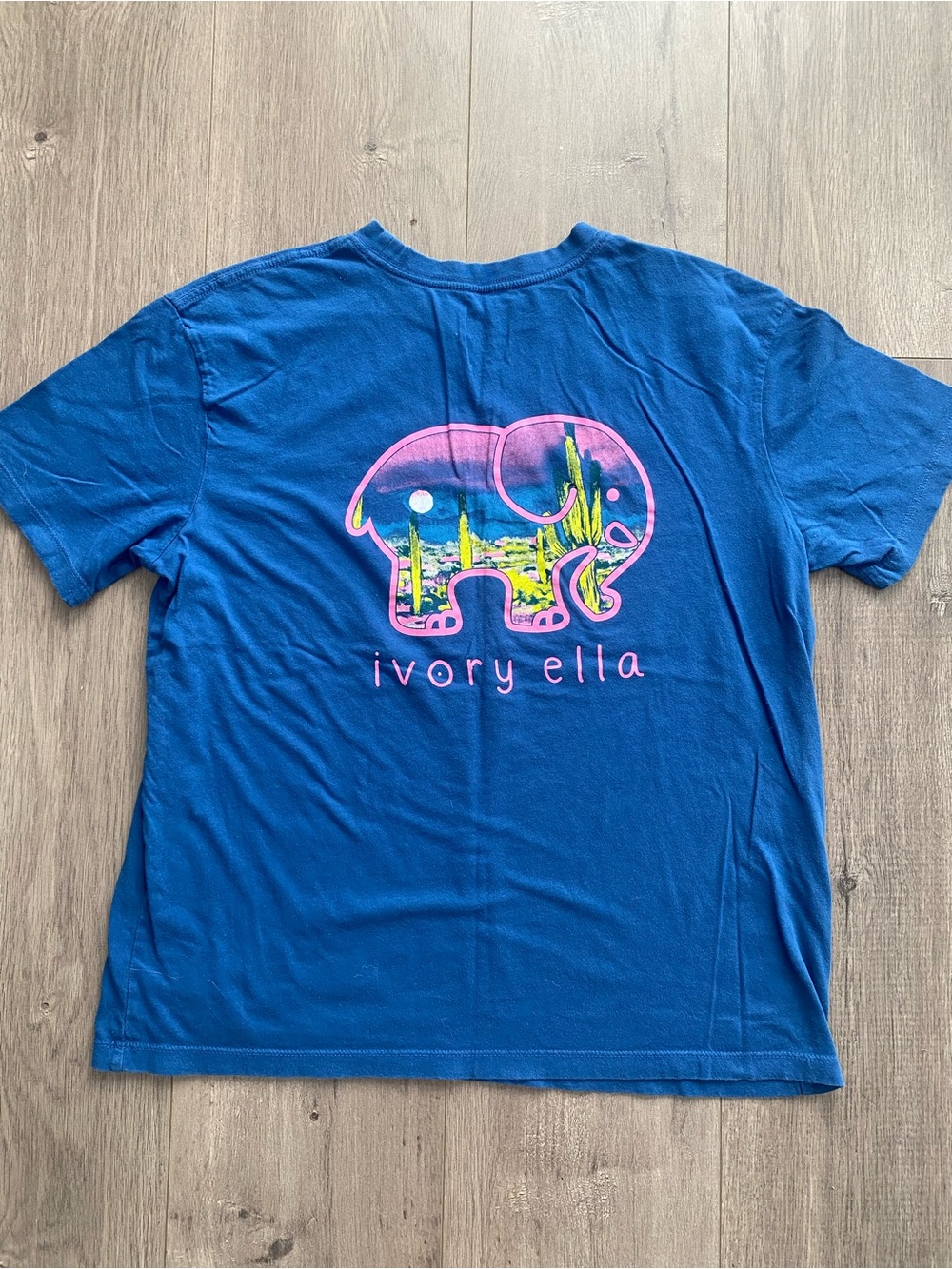 ivory ella Blue Tee with Pink Elephant and Desert Graphic